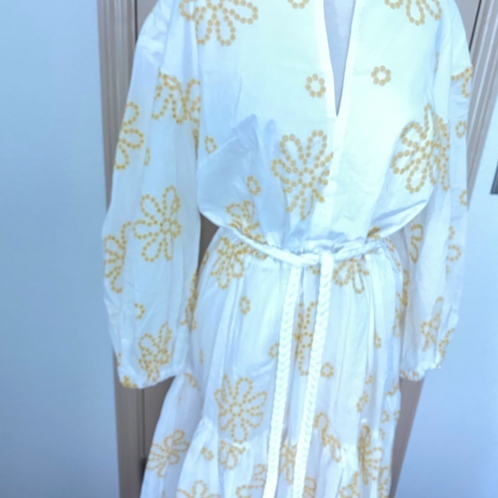 Alexis White Yellow Cottage Core Embroidered Eyelet Midi‎ Dress Women's Large - Picture 10 of 13
